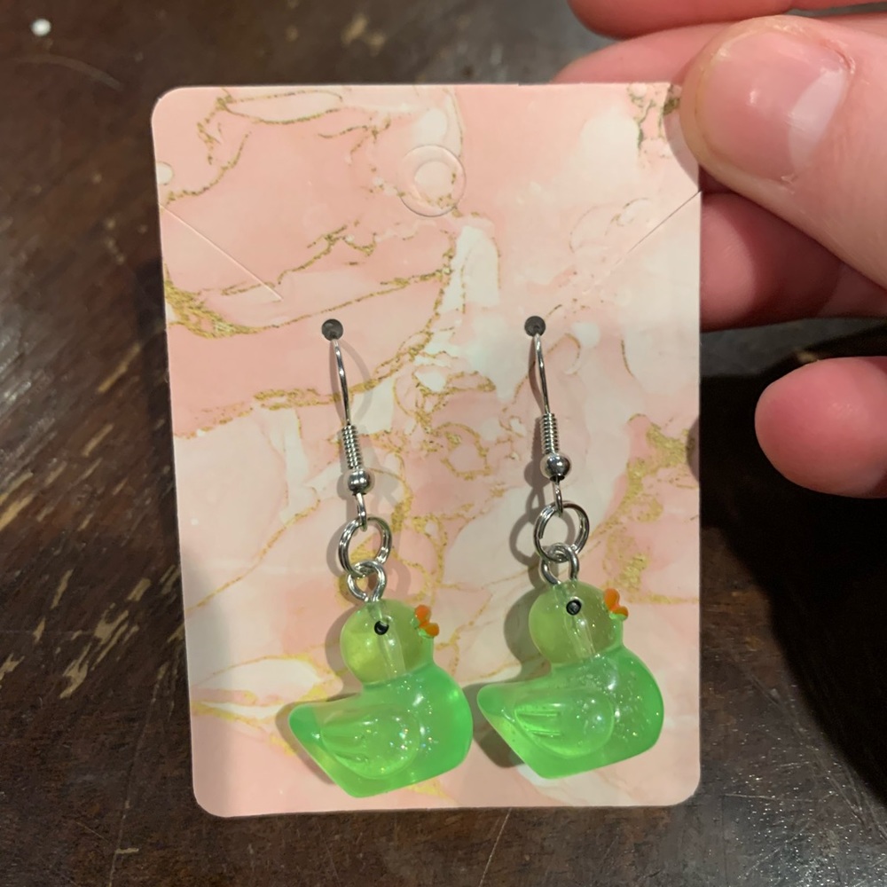 NEW HANDMADE GREEN GLOW IN THE DARK DUCK EARRINGS